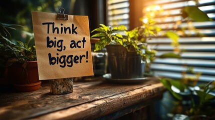 Inspirational "Think Big, Act Bigger" Note with Plants and Sunlight  

