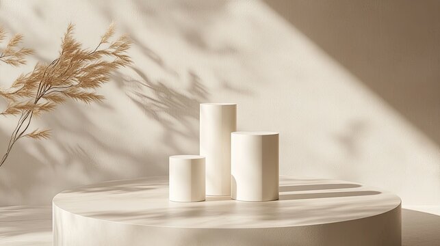 Three sleek white cylinders of varying heights arranged on a round podium, surrounded by soft natural light and shadows on a minimalist background.