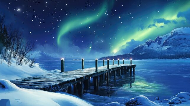 Vibrant northern lights dance over a serene fjord, with a snow-covered wooden pier leading into the icy waters.