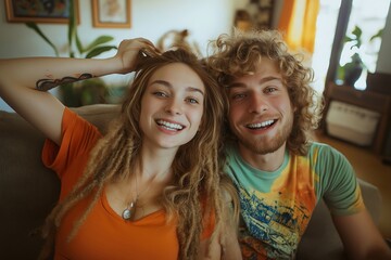 A young woman with long blonde hair and an orange shirt is taking a selfie while sitting on the couch in her living room
