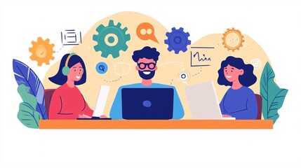 Coworkers team working and communicating using laptop computers