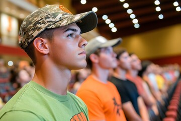 A local theater production event, with actors performing on stage and an engaged audience watching intently
