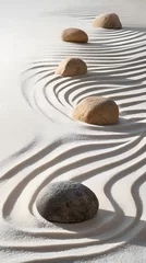 Photo sur Plexiglas Tranquil Zen Garden with Raked Sand and Strategic Rock Placement