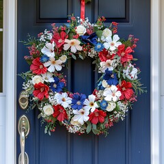 Patriotic floral wreath on a navy door.