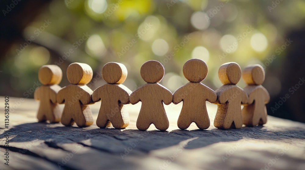 Poster Wooden figures holding hands symbolizing teamwork and unity