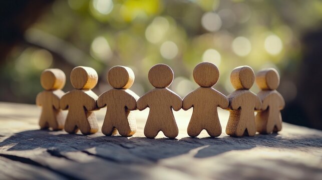 Wooden figures holding hands symbolizing teamwork and unity