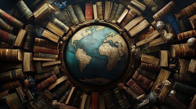 Globe surrounded by antique books.