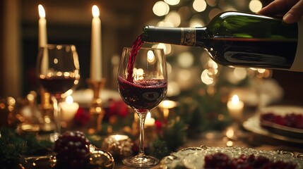 A photo of someone pouring red wine into glasses on an elegant table, surrounded by candles and soft lighting.