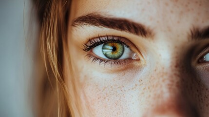 Naklejka premium Woman showing beautiful green eye and long eyelashes with freckles