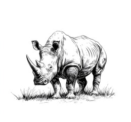 Fototapeta premium Ink drawing of an African rhinoceros standing on grass, white background