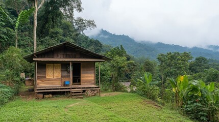 A traditional wooden hut surrounded by lush green rice paddies in the hills of Sapa, Thailand.