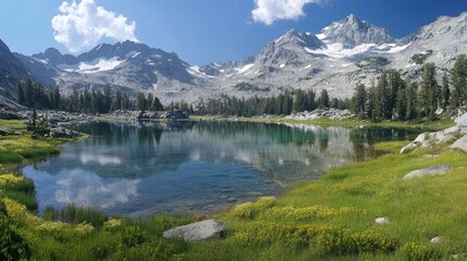Fototapeta premium A tranquil alpine meadow with a clear blue lake reflecting towering snow-capped mountains.