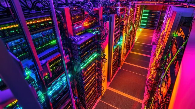 Aerial view of a data center with vibrant neon colors radiating from interconnected servers and cables.
