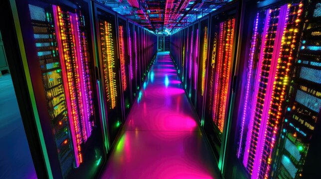 Aerial view of a data center with vibrant neon colors radiating from interconnected servers and cables.