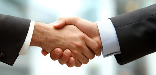 Obraz premium A close-up shot of two businessmen shaking hands against a blurred business background, symbolizing success and confidence, with ample space for text, perfect for a banner design 