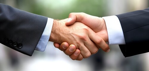 Obraz premium A close-up shot of two businessmen shaking hands against a blurred business background, symbolizing success and confidence, with ample space for text, perfect for a banner design 