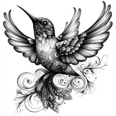 Obraz premium Ornate grayscale hummingbird in flight, perched on swirling floral design.