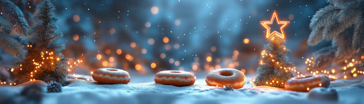 Snowy winter night scene with donuts shaped stars and Christmas trees, with a warm glowing light and plent