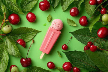 Delicious pink ice cream popsicle surrounded by fresh cherries and green leaves, creating vibrant and refreshing summer scene
