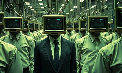 Surreal gathering of faceless figures in a futuristic facility exploring themes of technology and alienation