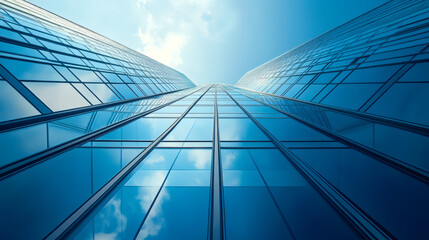 Obraz premium Modern glass skyscrapers reflecting the blue sky and white clouds from a low angle on a sunny day