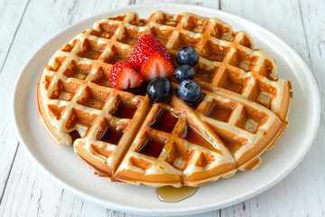 A fluffy waffle with strawberries and blueberries on a white plate