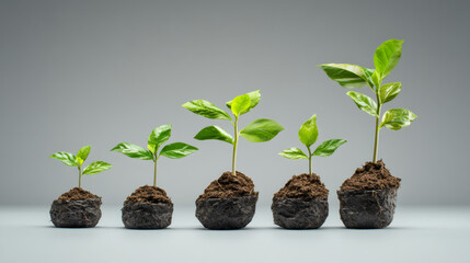 Five small plants in compostable pots displaying various growth stages against a neutral gray backdrop