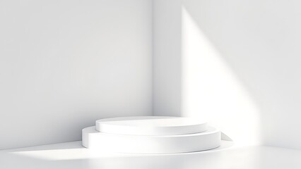 Obraz premium Empty geometric design interior forms, place with empty space - table and stage, empty blank plaster walls and shapes with soft light and shadow, table for product placement or design solutions