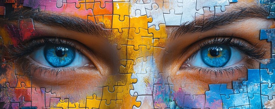 Puzzle art with colorful face, vibrant puzzle pieces covering the face, blue eyes, creative concept, human emotions, dynamic and intricate design