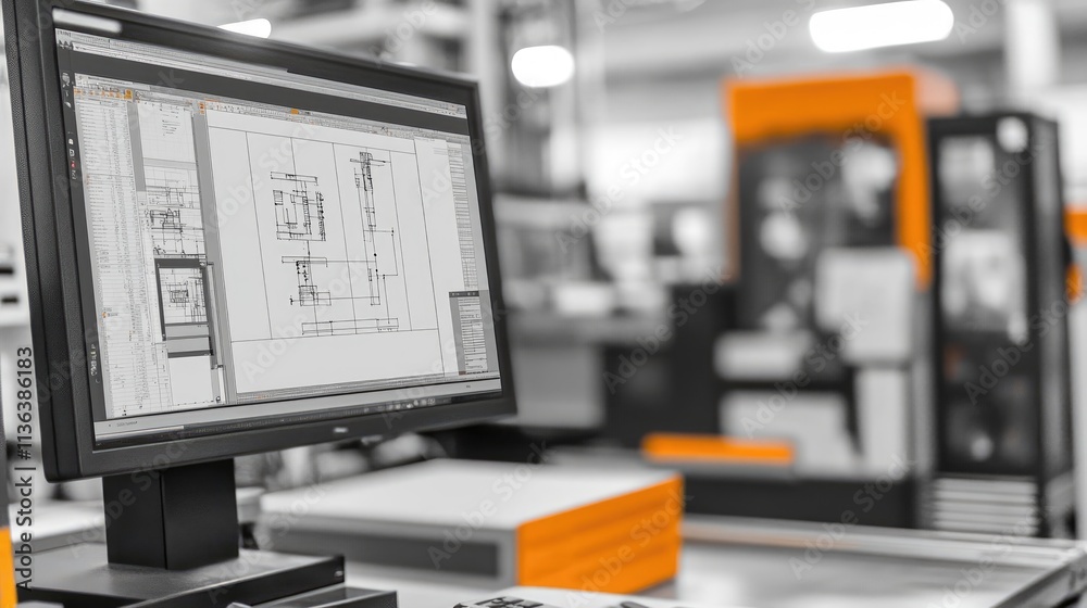 Poster computer monitor displaying engineering plans in modern workspace