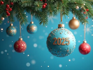 New Year's card: Festive blue background with hanging pine branches and ornaments, one with "2025"