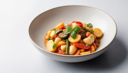 Moqueca in Michelin-star style in vibrant red, green, and orange hues for culinary presentation with copy space