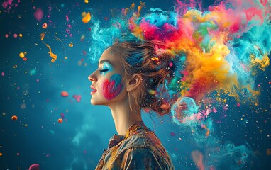 Surreal woman with colorful brain explosion, creativity concept, vibrant colors and imagination, deep blue background, bold artistic representation