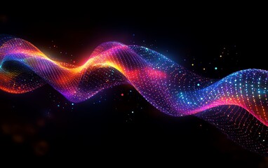 Fototapeta premium Vibrant DNA helix design with neon hues, abstract background, science innovation, biological and genetic research, dark contrasting elements, futuristic look