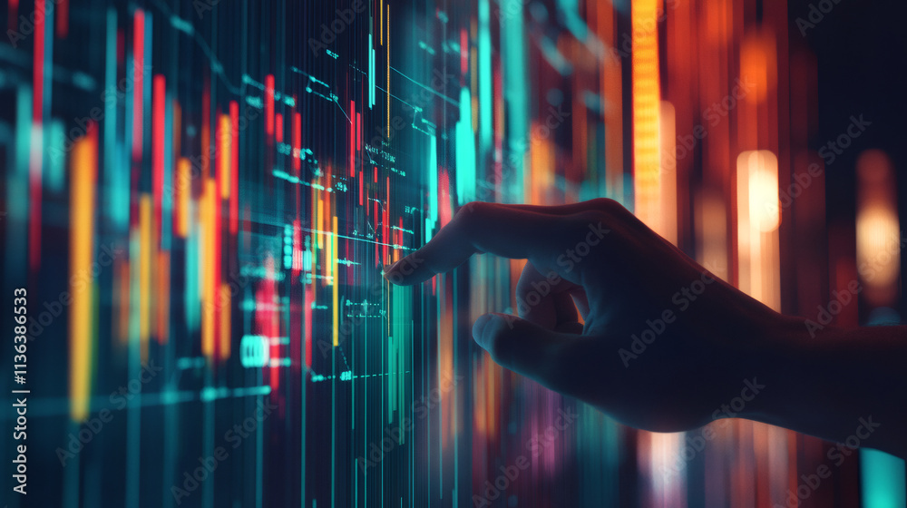Leinwandbilder hand touching interactive digital screen displaying colorful financial charts and data, representing