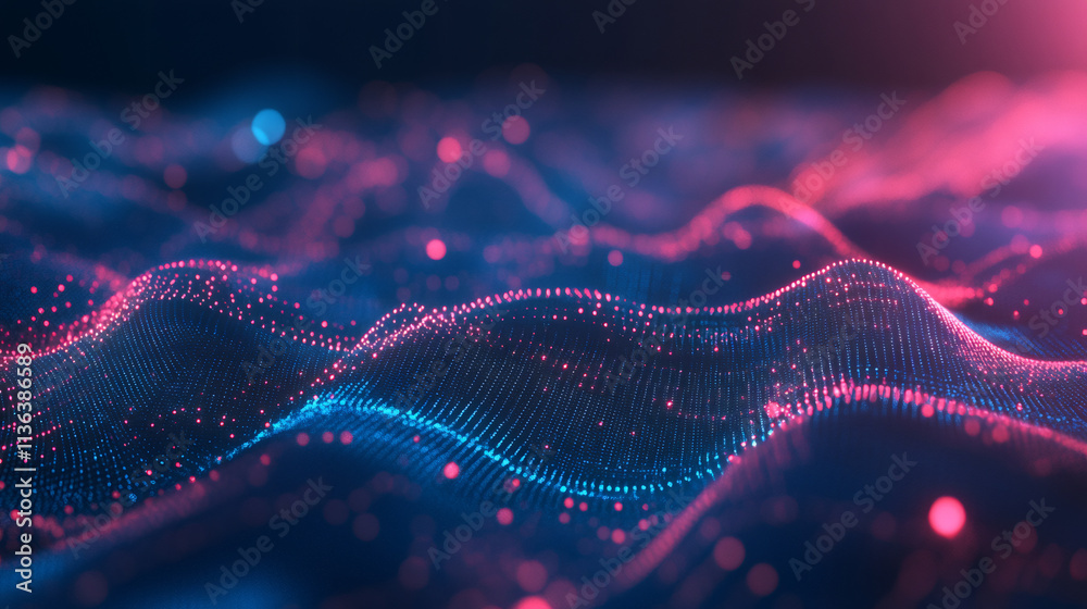 Poster Abstract particles are forming a wavy surface with pink and blue lights, creating a futuristic and technological background