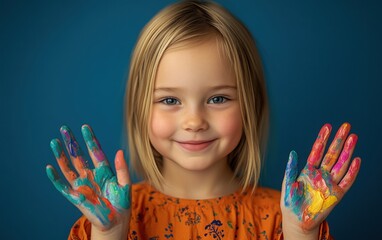 A vibrant, close-up portrait of a little girl with her hands painted in bright, playful colors, smiling as she shows them to the camera, captured with studio lighting and sharp, high-resolution focus