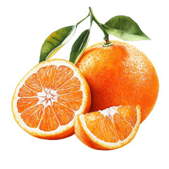 Watercolor Illustration of Juicy Oranges with Slices and Green Leaves