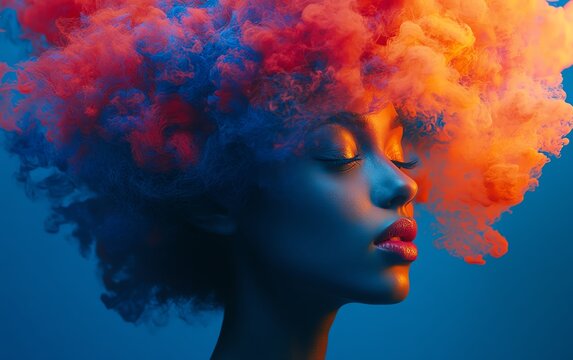 Vibrant surreal portrait, womans head with brain explosion in vivid colors, artistic creativity and imagination concept, deep blue background