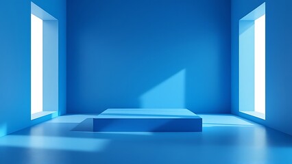 Fototapeta premium Interior corner wall room blue 3d background of abstract window light stage scene or empty product studio showroom display and blank presentation podium pedestal platform perspective table backdrop.