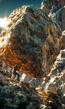 A person struggles to lift a massive rock on a mountainous terrain.