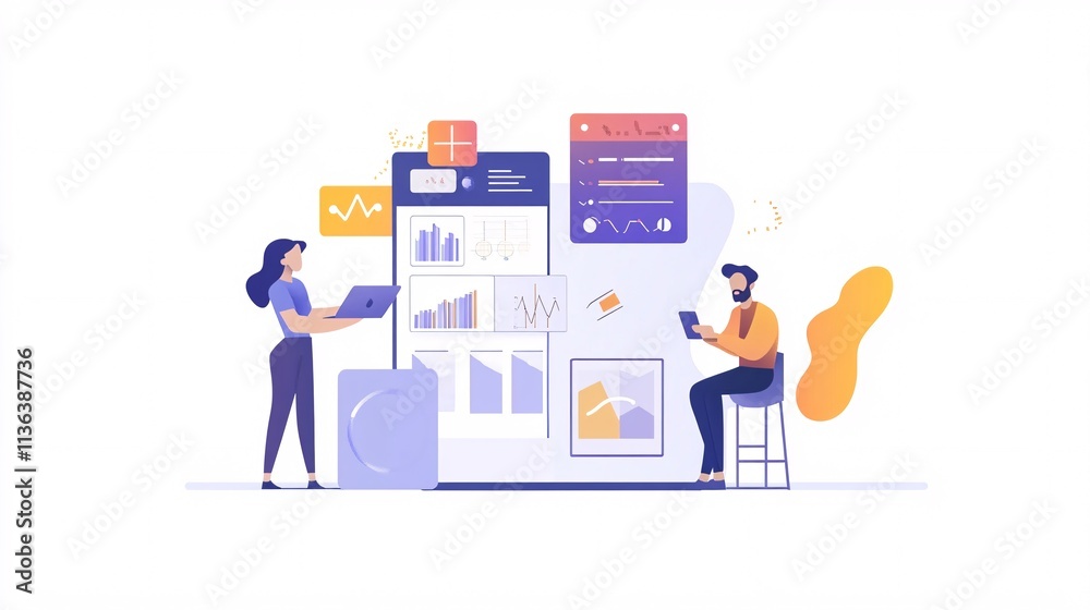 Poster Business people analyzing statistics, charts and diagrams on mobile app and laptop using big data and cloud computing