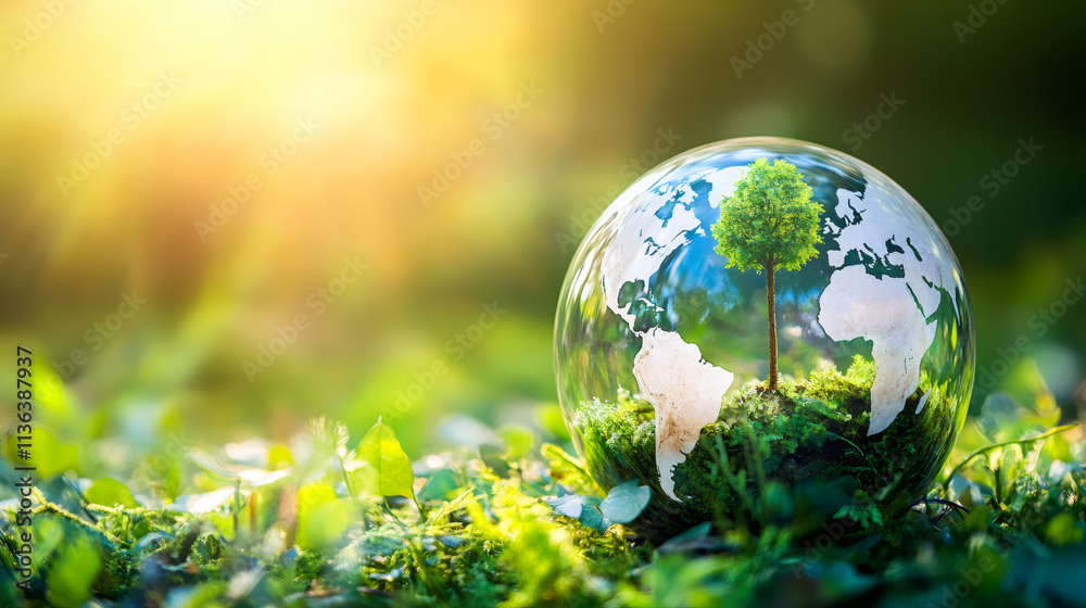 Poster Lush green moss and a single tree growing inside a crystal ball with a world map superimposed on it evoke environmental awareness