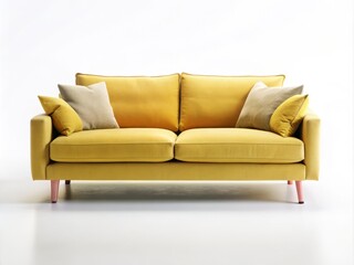 Naklejka premium Soft Yellow Sofa on White Background - Isolated Cozy Couch with Comfortable Fabric Against Minimalist White Wall for Interior Design Inspiration and Home Decor Ideas