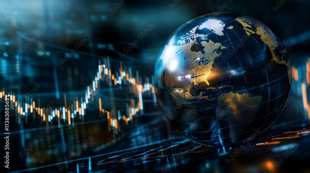 Poster Transparent globe rotates over stock market data with candlestick chart indicating global business and finance growth