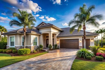 Fototapeta premium Stunning Newly Constructed Home for Sale in Florida with Modern Design, Spacious Interiors, and Lush Landscaping, Perfect for Families Seeking a Dream Property in the Sunshine State