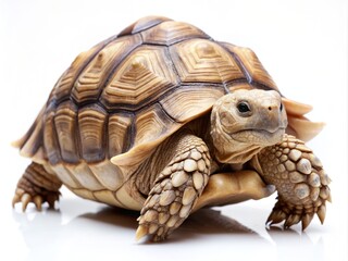Stunning Product Photography of an African Spurred Tortoise, Centrochelys Sulcata, Isolated on a White Background for Educational and Decorative Purposes