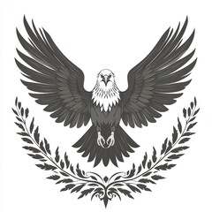 Majestic eagle with wings spread, perched above a laurel wreath.