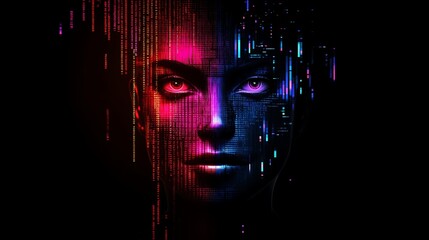 face artificial intelligence looking to the camera, abstract, coding, futurist, colorful, dark background