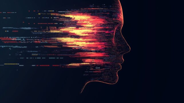 face artificial intelligence looking to the camera, abstract, coding, futurist, colorful, dark background